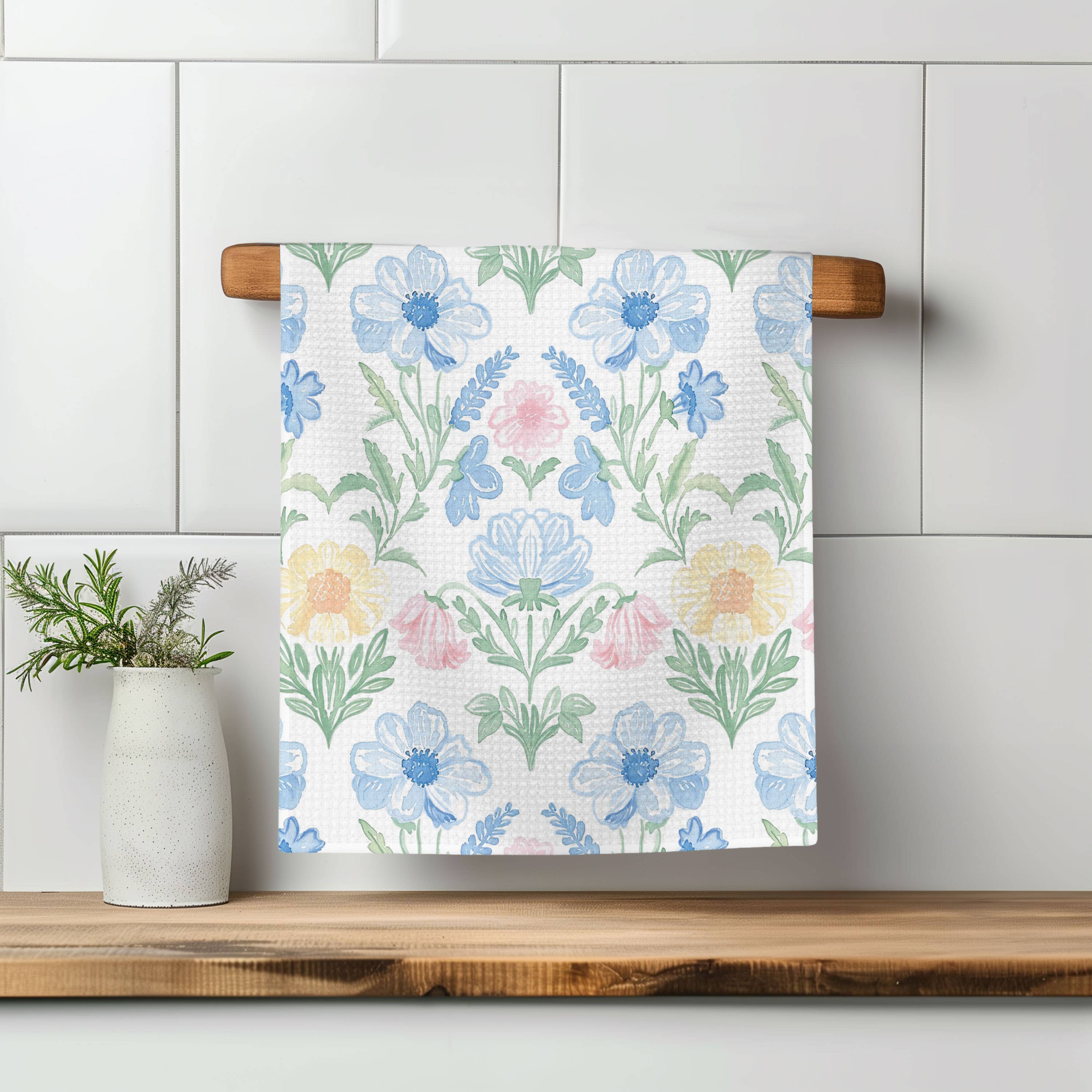Chinoiserie Grandmillennial Kitchen Towel Blue Preppy Floral